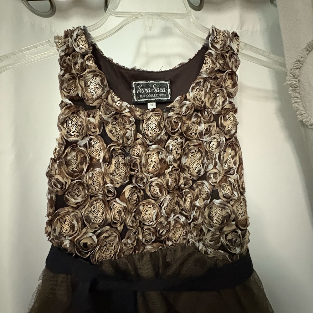 Sara Sara the collection Kids holiday Dress Brown and Gold Accents. LBN